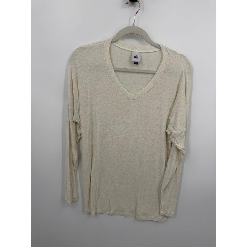 Cabi 4195 Serenity Tee Top Womens Small Oatmeal Heather V-Neck Long Sleeve Slub